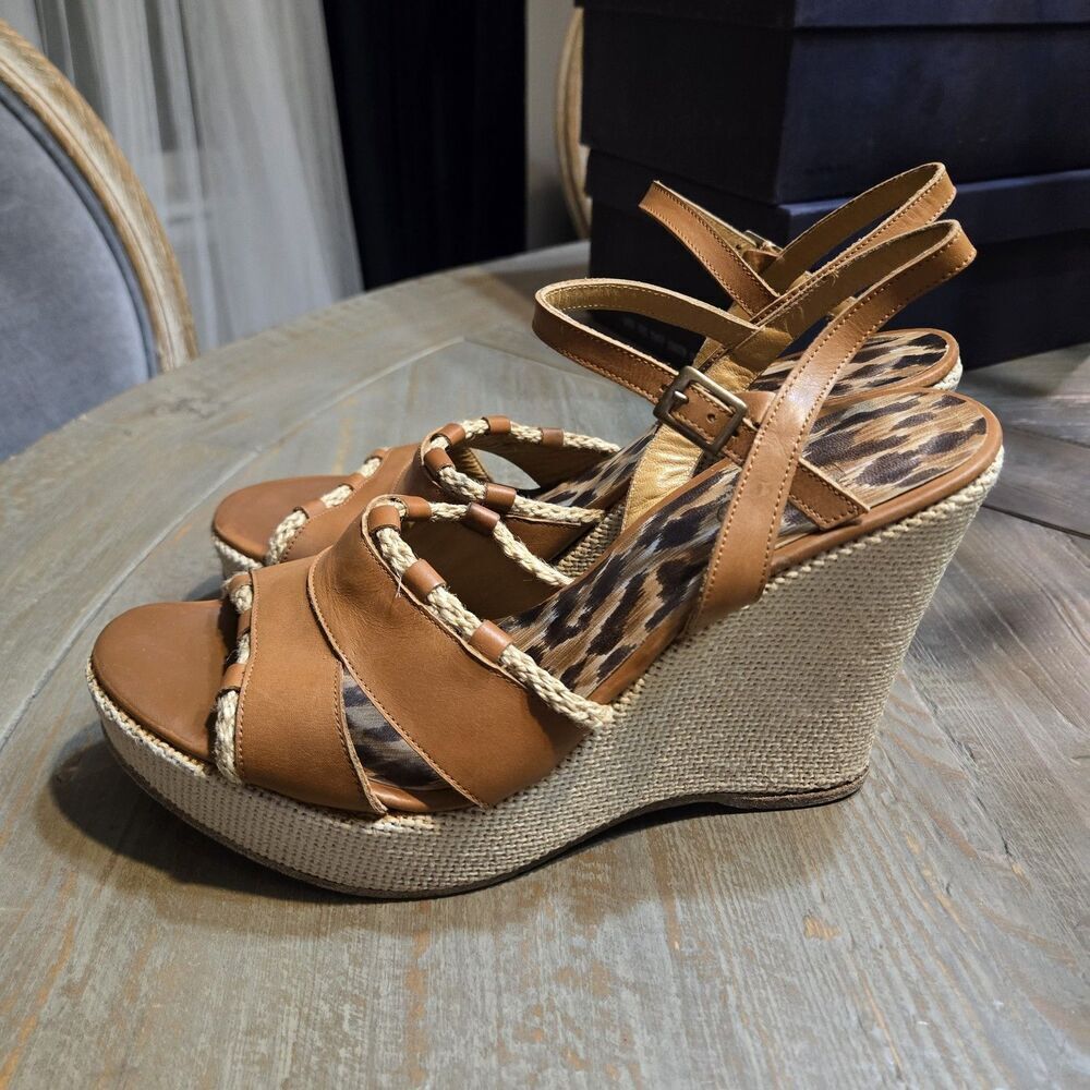 DOLCE & GABBANA - D&G Brown Leather Trim Wedge Heel Strappy Sandals Size 10
